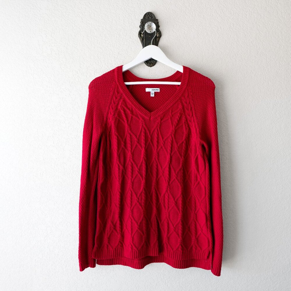 Sonoma Red Cable Knit Sweater | Size Medium V-Neck Pullover Classic Winter Top